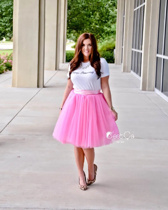 Clarisa Rose Pink Tulle Skirt - Midi silk skirt luxurious