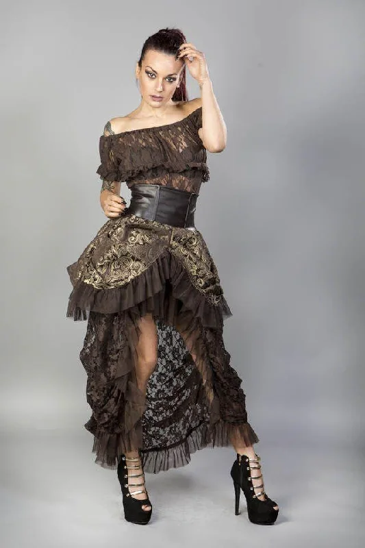 Elvira Long Gothic Victorian Skirt In Brown Gold Scroll And Coffee Matte belted skirt waist