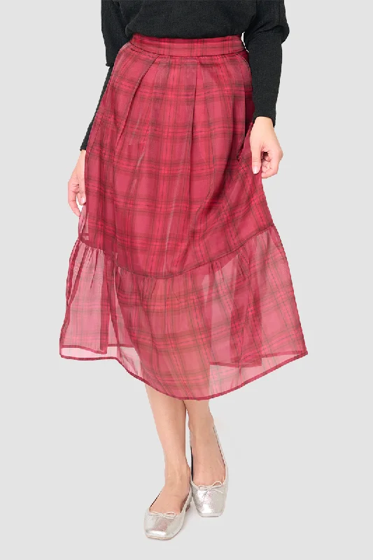 Festive Plaid Organza Tiered Maxi Skirt zip skirt side