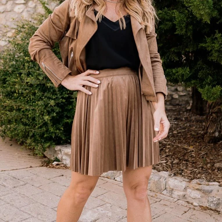 Hey Babe Camel Faux Suede Pleated Skirt chiffon skirt delicate