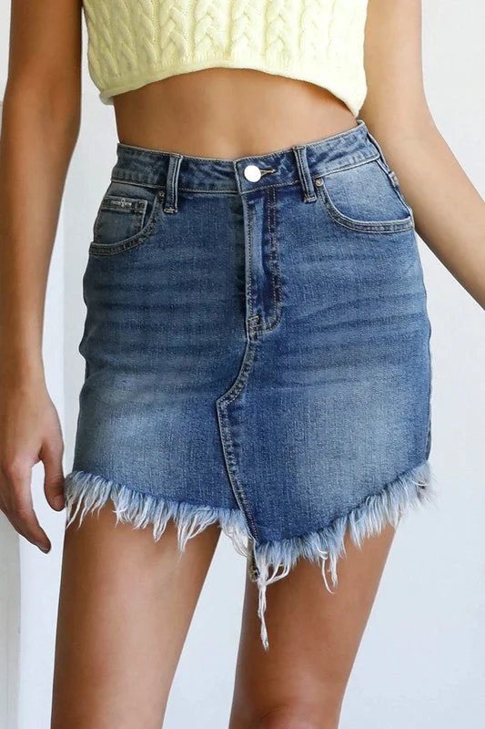 High Waist Long Frayed Hem Mini Denim Skirt leather skirt modern