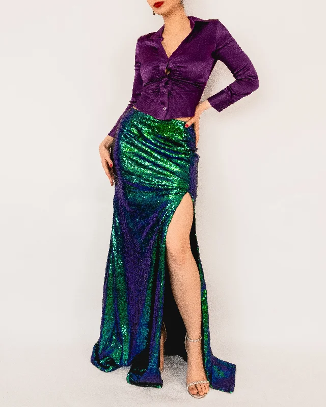 Iridescent Sequin Maxi Skirt with Slit Purple-Green midi skirt versatile