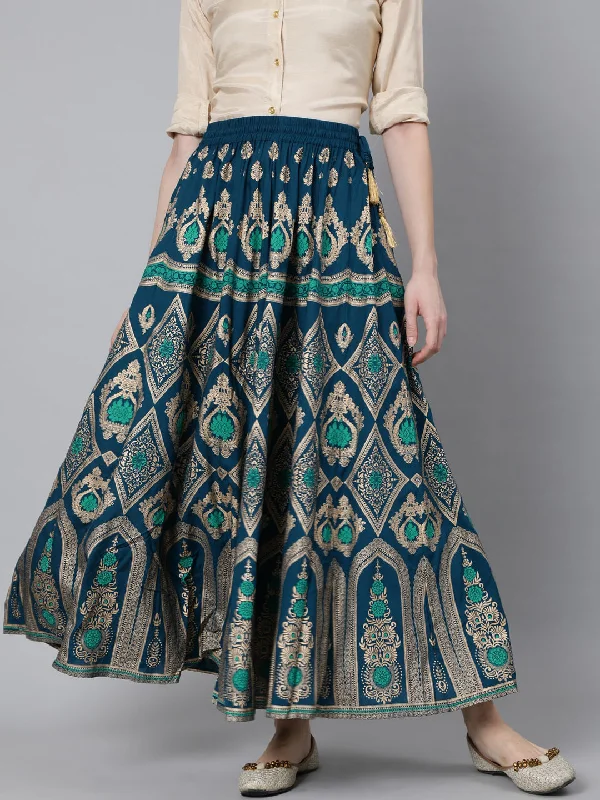 Jaipur Kurti Women Turquoise Blue & Gold-Coloured Printed Maxi-Length Skirt maxi skirt elegant