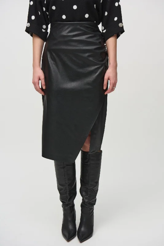 Joseph Ribkoff Black Faux Leather High-Waist Midi Pencil Skirt 244115 silk skirt lustrous