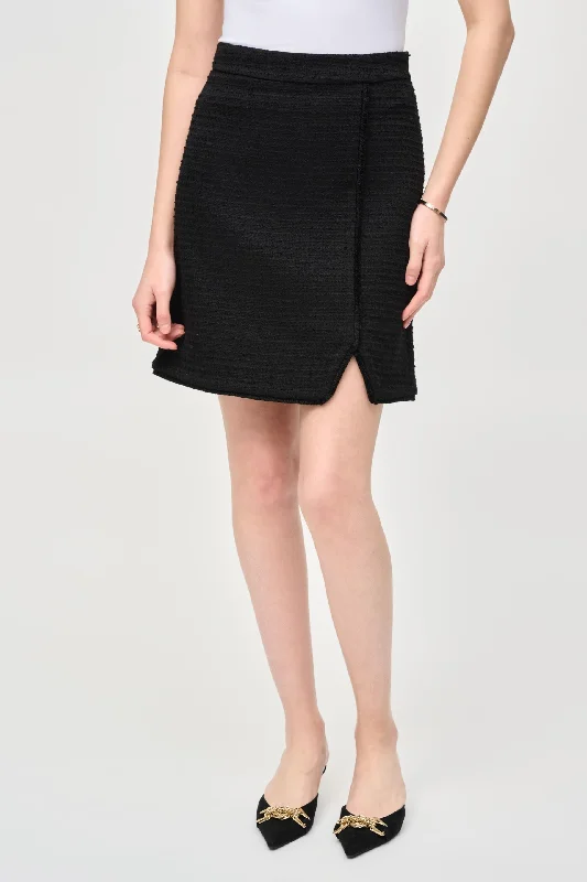 Joseph Ribkoff Black Fringe Trim Bouclé High Rise A-Line Skirt 243270 silk skirt luxurious