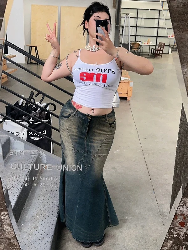 Kory Plus Size Denim Blue Washed High Waist Fishtail Long Skirt velvet skirt luxury