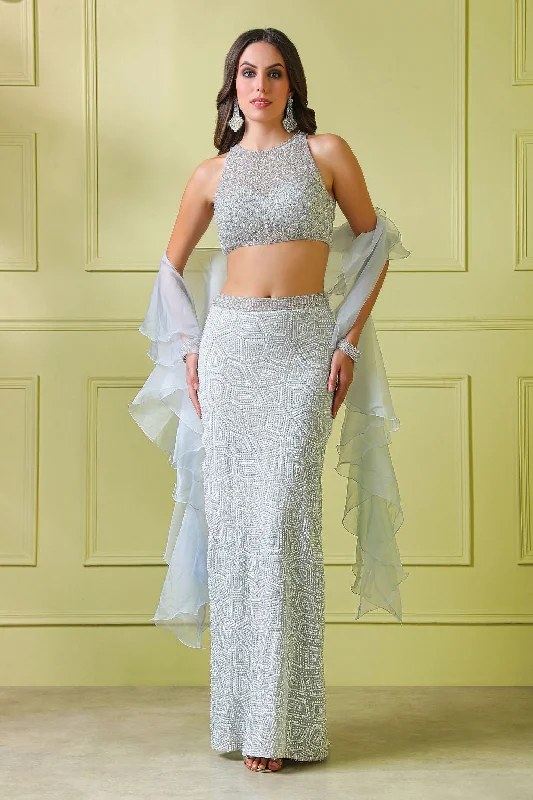 Light grey hand embroidered top with embroidered fishcut skirt lace skirt delicate