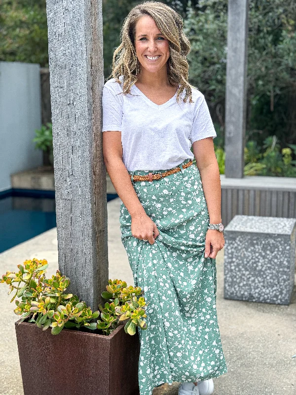 Natalie Maxi Skirt - Sage Floral asymmetrical skirt cut