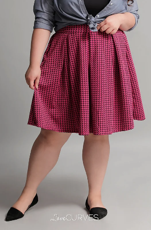 Pleated Skirt with Side Pockets and Belt - Pink Houndstooth - GRA denim skirt fashionable