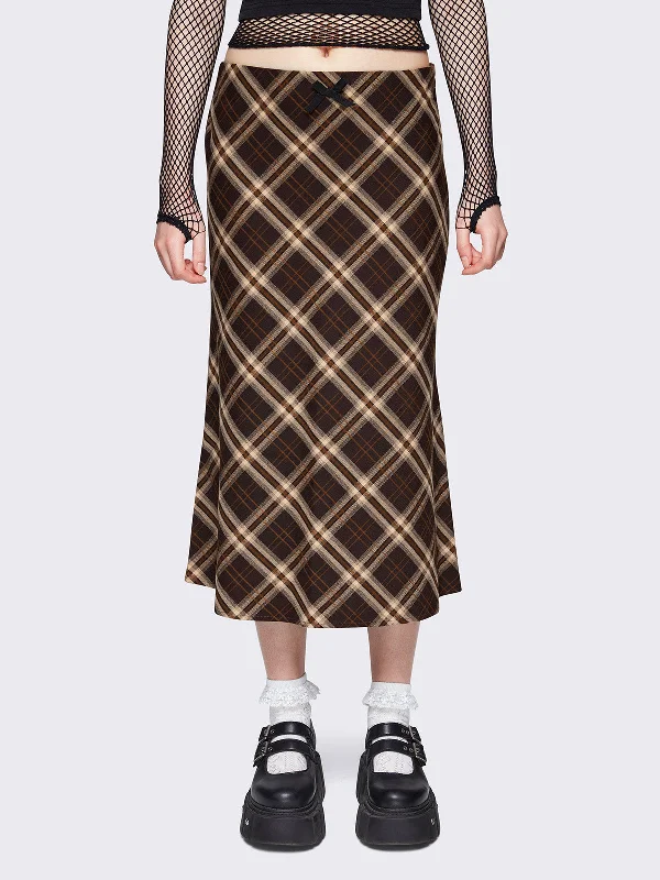 Prim Plaid Midi Skirt linen skirt natural