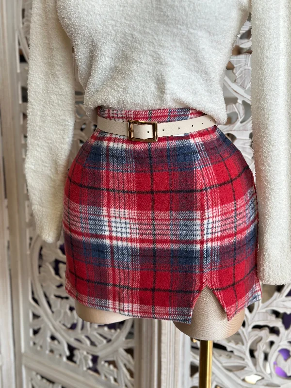 Red Plaid Slit Mini Skirt- No Estira, Not Stretchy linen skirt natural