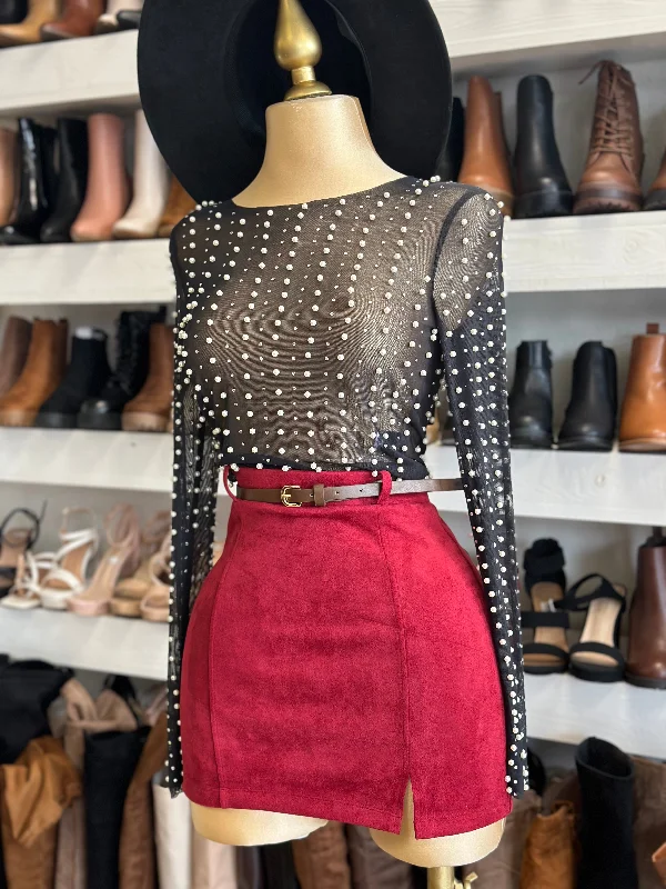 Red Suede Mini Skirt with Belt leather skirt sleek