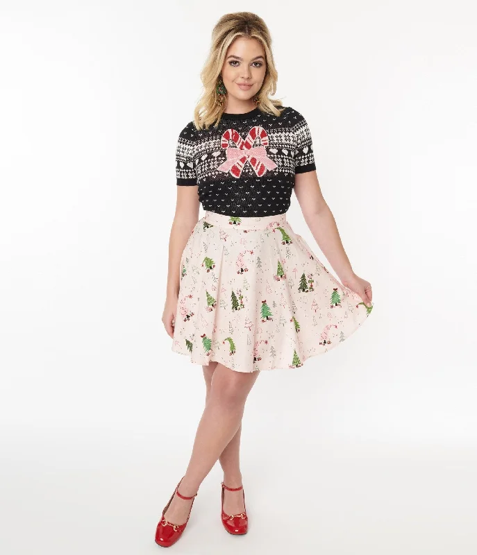 Retrolicious Pink & Christmas Tree Skater Skirt silk skirt lustrous