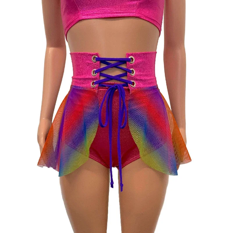 SALE - SMALL - Lace-Up Corset Skirt - Rainbow Mesh w/Pink Sparkle linen skirt breathable