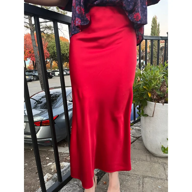 Satin Effect Red Satin Midi Skirt velvet skirt rich