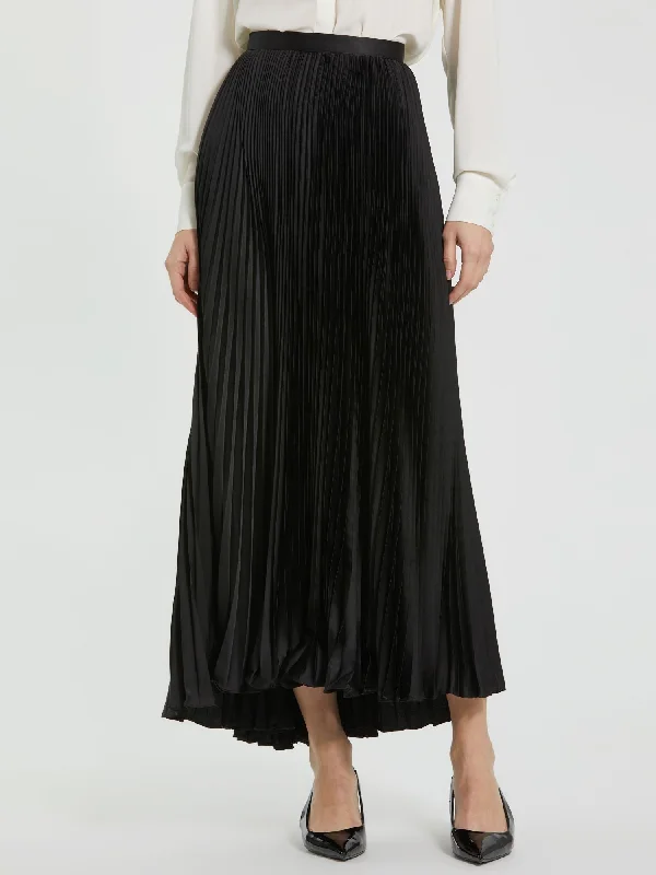 Black Ankle Length Satin Pleated Skirt chiffon skirt floaty