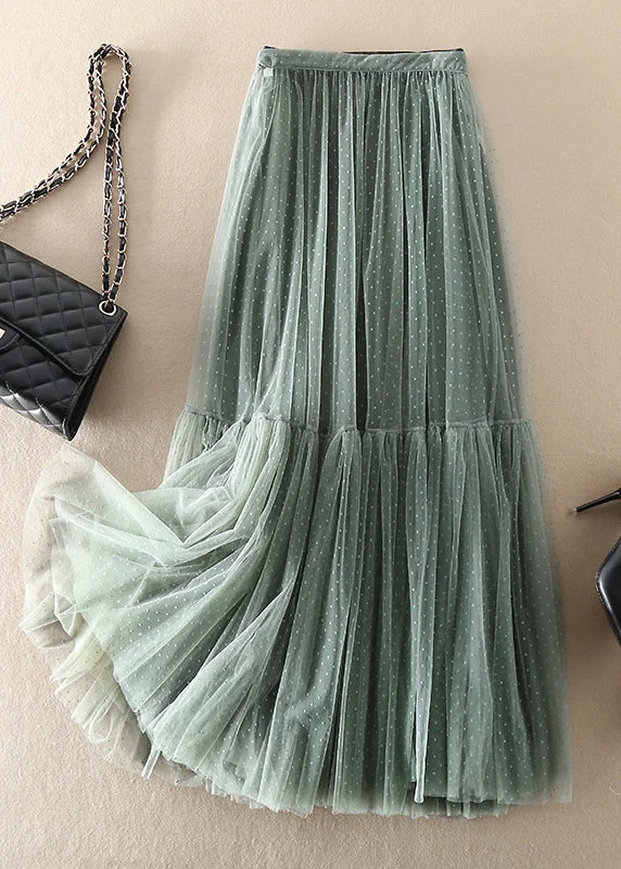 Simple Green Patchwork Dot Tulle Skirt Spring leather skirt bold