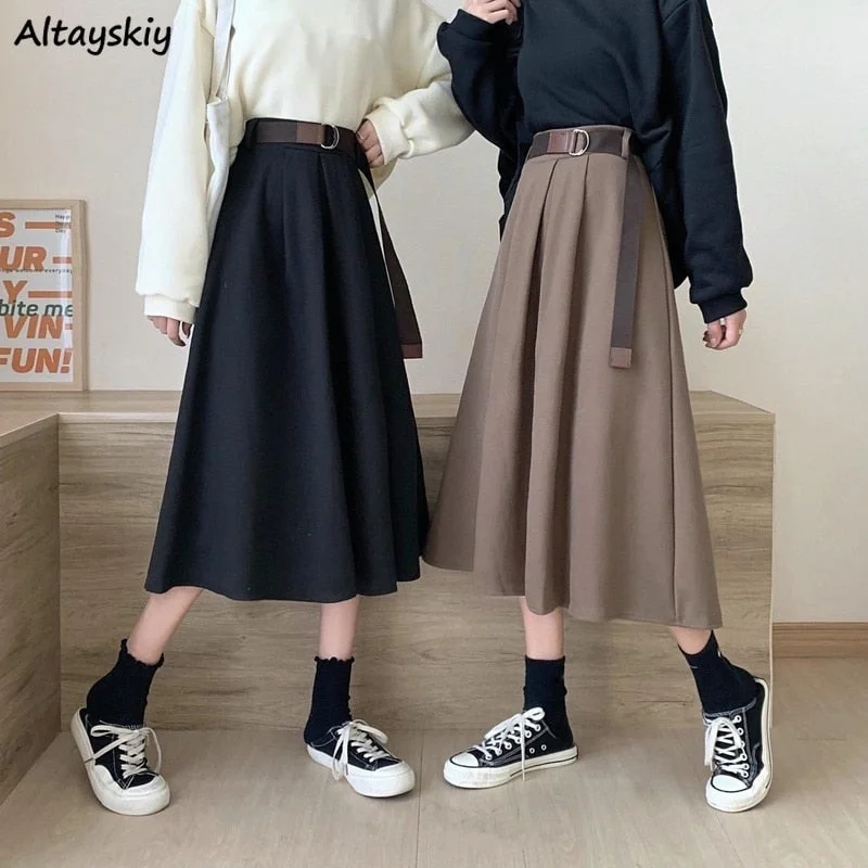 Solid Skirts Women Mid-calf High Waist Style Elegant College Spring Autumn corduroy skirt durable