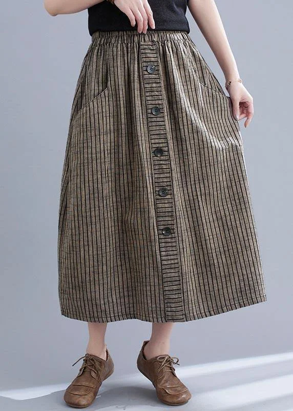 Style Brown StripedButton CottonLinen Skirts Summer velvet skirt sumptuous