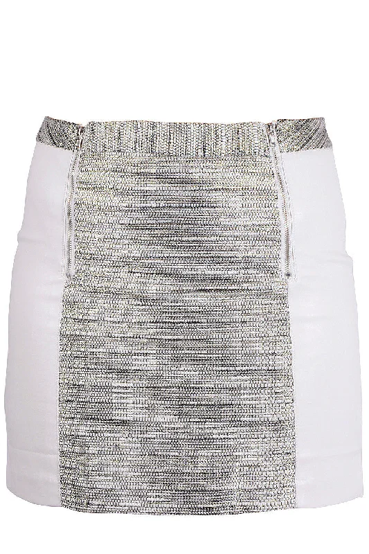 ALIA White Silver Metallic Mini Skirt patchwork skirt art