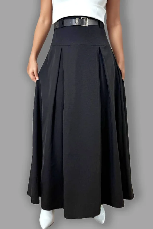 T2569 BLACK MAXI PLEATED SKIRT leather skirt durable
