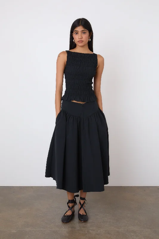 The Deba Midi Skirt, Onyx asymmetrical skirt cut
