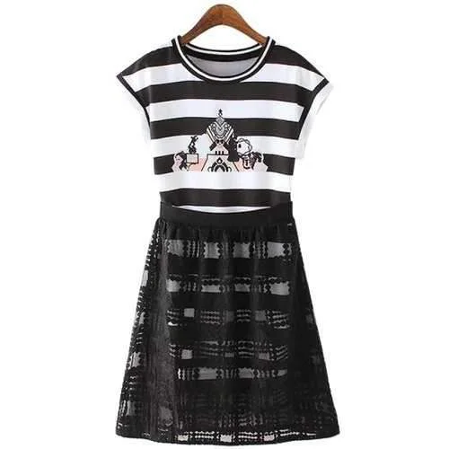 Stylish Short Sleeve Striped T-Shirt and Checked Voile Skirt Women's Suit - White And Black L velvet skirt plush