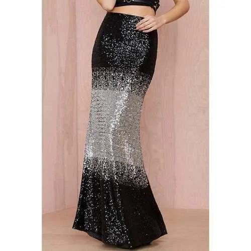 Fashionable Black Silver Splicing Sequins Skirt For Women - Black And Grey S corduroy skirt durable