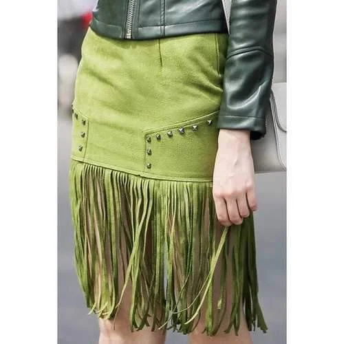 Trendy High-Waisted Packet Buttocks Tassel Spliced Women's Green Suede Skirt - Green L silk skirt sleek Trendy High-Waisted Packet Buttocks Tassel Spliced Women's Green Suede Skirt - Green L silk skirt sleek