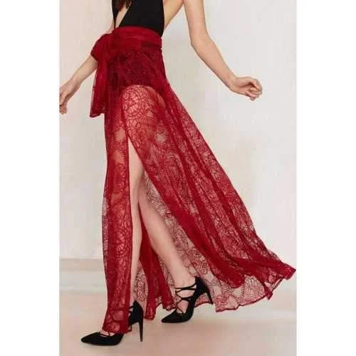 Stylish High Waisted Red Lace See-Through Women's Skirt - Red S velvet skirt luxurious