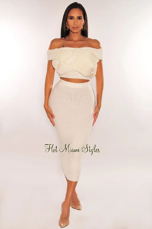 White Cable Knit Off Shoulder Skirt Two Piece Set mini skirt trendy