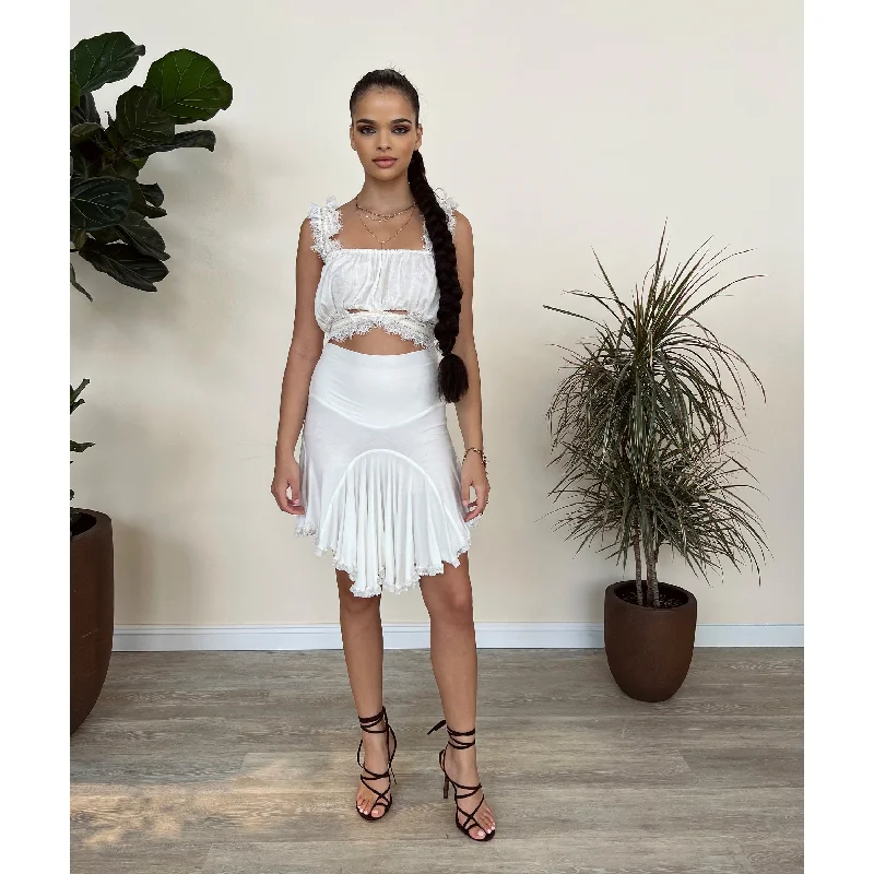 White Modal Jersey Godet Short Skirt with Lace cashmere skirt fine