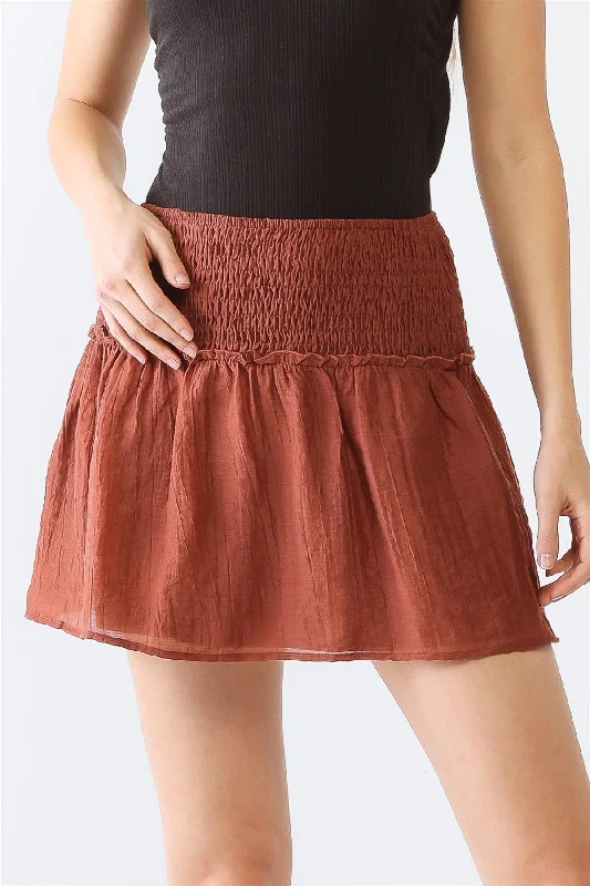 Crinkled Smocked Ruffle High Waist Mini Skirt wool skirt thick