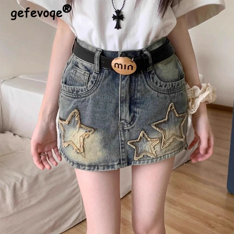 Women American Retro  High Waist Slim Harajuku Denim Skirt silk skirt smooth