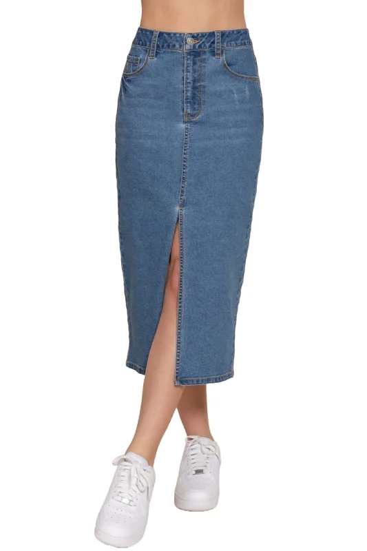 Women's Front Slit Midi Denim Skirt Soft Stretch Fabric Casual Chic lace skirt delicate
